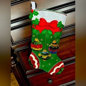 18” COMPLETED Bucilla Felt Jeweled Ornaments Christmas Stocking. Lined. New.